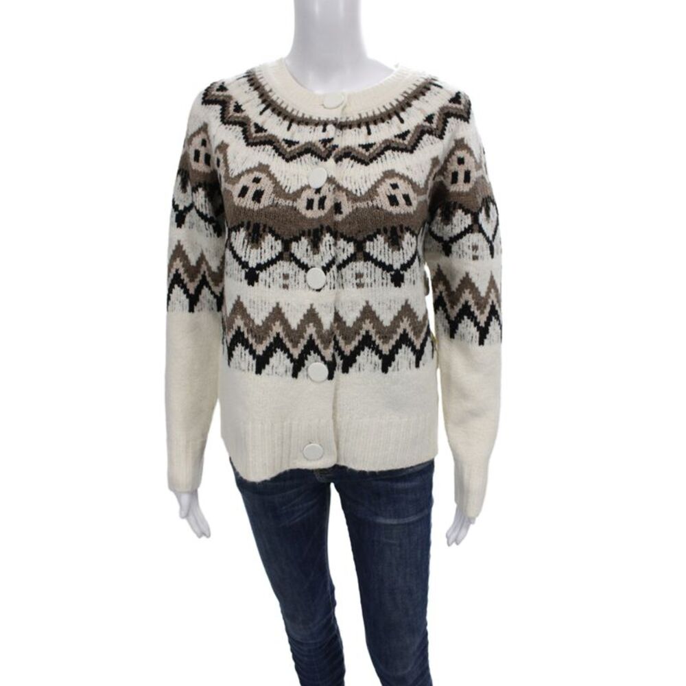 Designer Women Cardigan Ivory Fair Isle Round Neck Long Sleeve Polyester Size S